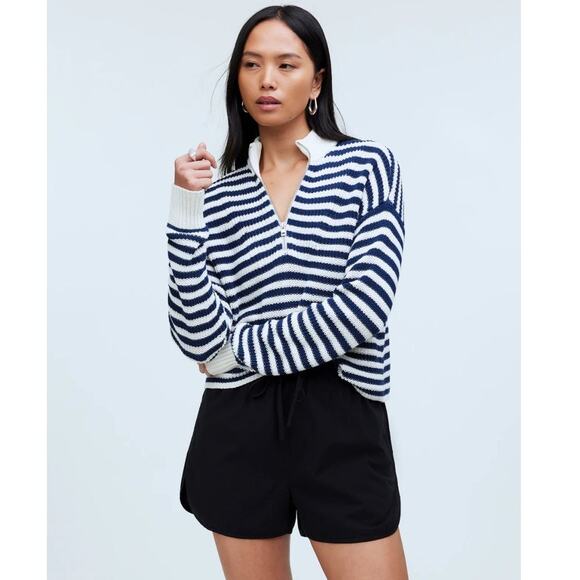 NWT Madewell Ribbed Half-Zip Sweater in Navy Stripe Size L‎ - Picture 2 of 14